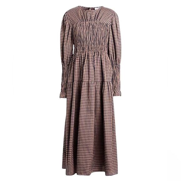 TOPSHOP Brown Milkmaid Style Long Sleeve Checkered Midi Dress Brown New Size 4 - Picture 1 of 14